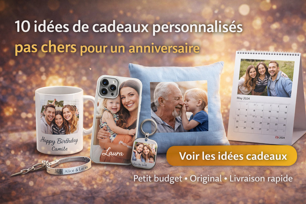 Bannière illustrant des cadeaux personnalisés pas chers pour un anniversaire : coque personnalisée, mug photo, porte-clés et calendrier, idée cadeau petit budget originale