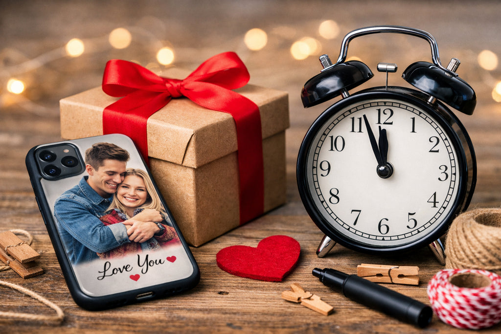 Coque personnalisée avec photo de couple posée devant un cadeau emballé et un réveil indiquant l’urgence, idée de cadeau personnalisé de dernière minute.