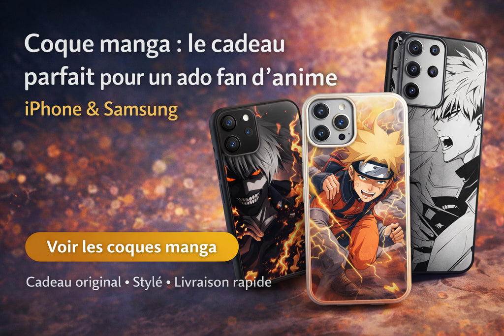 Bannière montrant plusieurs coques manga pour ado fan d’anime, compatibles iPhone et Samsung, illustration d’une idée cadeau originale et stylée