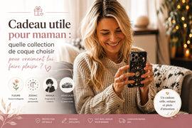 Image d’une maman avec coque téléphone personnalisée, idée cadeau utile avec collections fleurs zodiac manga et véhicules