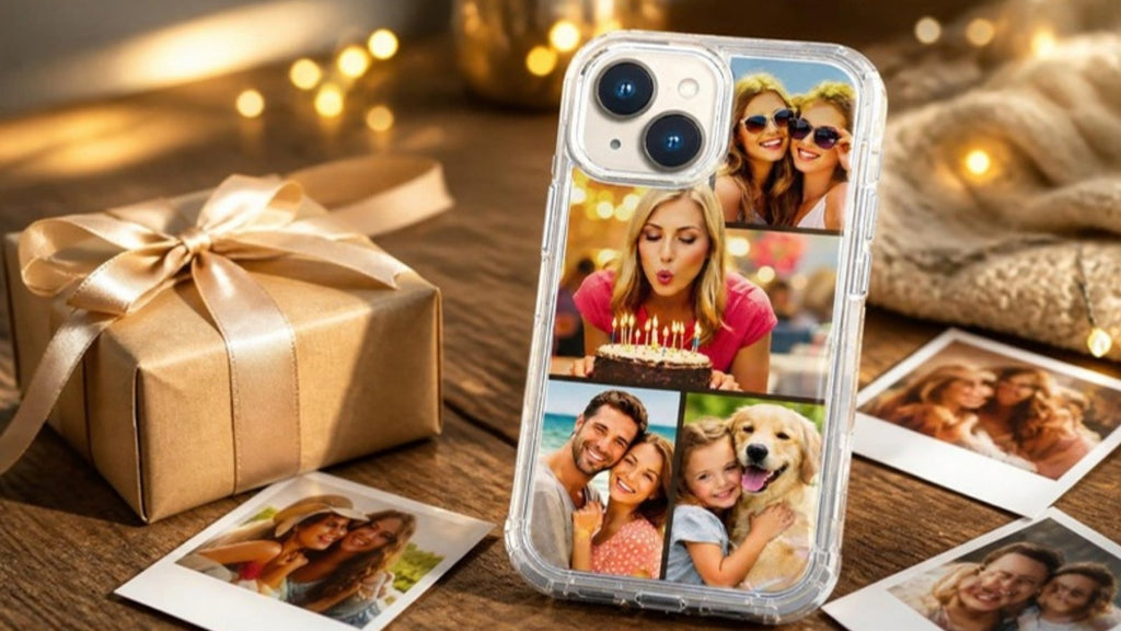 Coque iPhone 15 personnalisée avec photos posée sur une table en bois à côté d'un paquet cadeau