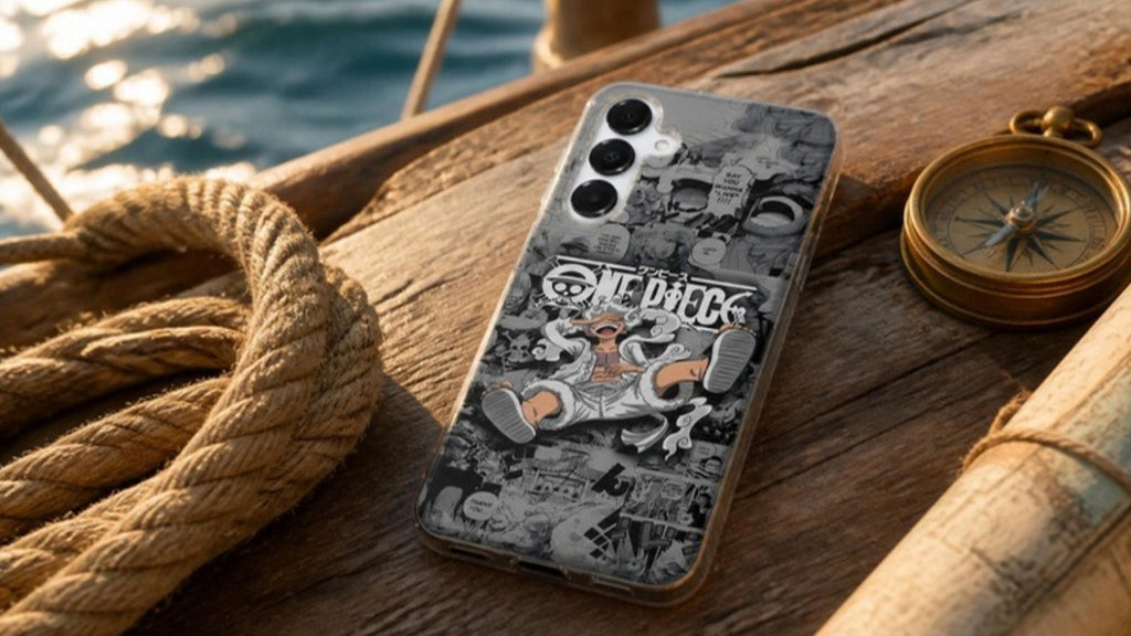 Coque One Piece Luffy Gear 5 noir et blanc posée sur le pont en bois d’un voilier au coucher du soleil