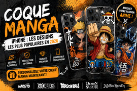 Coques iPhone manga avec personnages anime populaires comme ninja et héros stylisés, designs tendance 2026