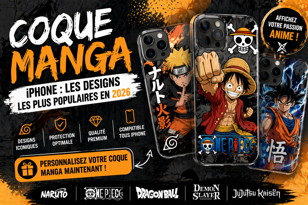 Coques iPhone manga avec personnages anime populaires comme ninja et héros stylisés, designs tendance 2026