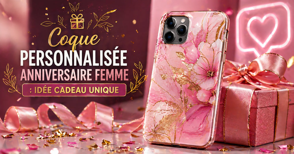 Coque de téléphone personnalisée pour femme avec design floral rose et doré, idée cadeau anniversaire élégante