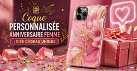 Coque de téléphone personnalisée pour femme avec design floral rose et doré, idée cadeau anniversaire élégante