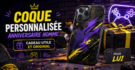 Coque de smartphone personnalisée pour homme avec design moderne noir violet et jaune, idée cadeau anniversaire originale