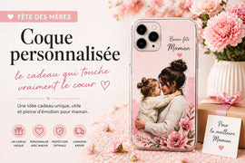 Une coque personnalisée Fête des Mères avec illustration maman et enfant, idéale comme cadeau unique et émotionnel.