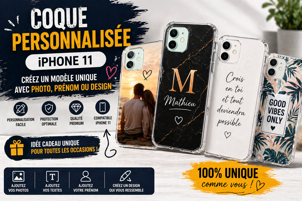 Coques personnalisées iPhone 11 avec photo, prénom et texte, designs uniques et modernes