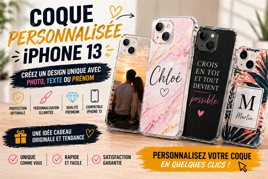 Coques personnalisées iPhone 13 avec photo, prénom et texte, designs modernes et tendance