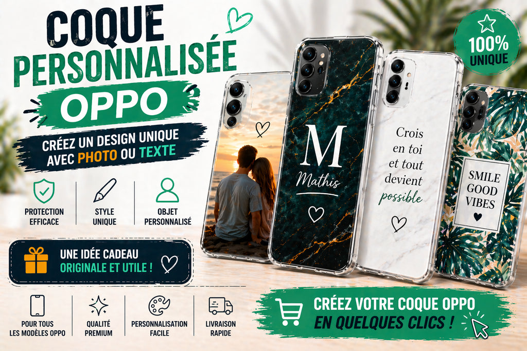 Coques personnalisées Oppo avec photo, texte et prénom, designs modernes et élégants
