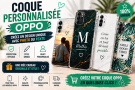 Coques personnalisées Oppo avec photo, texte et prénom, designs modernes et élégants