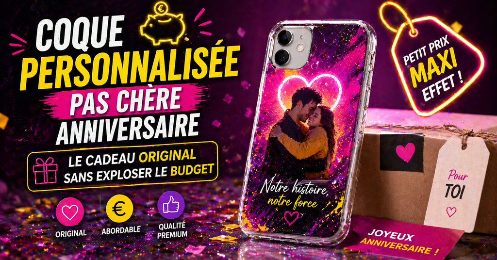 Coque de smartphone personnalisée pas chère avec design coloré et ambiance anniversaire, idée cadeau original petit budget