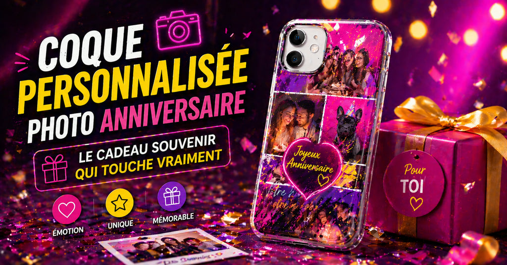 Coque de smartphone personnalisée avec collage photo anniversaire, idée cadeau souvenir original et émouvant