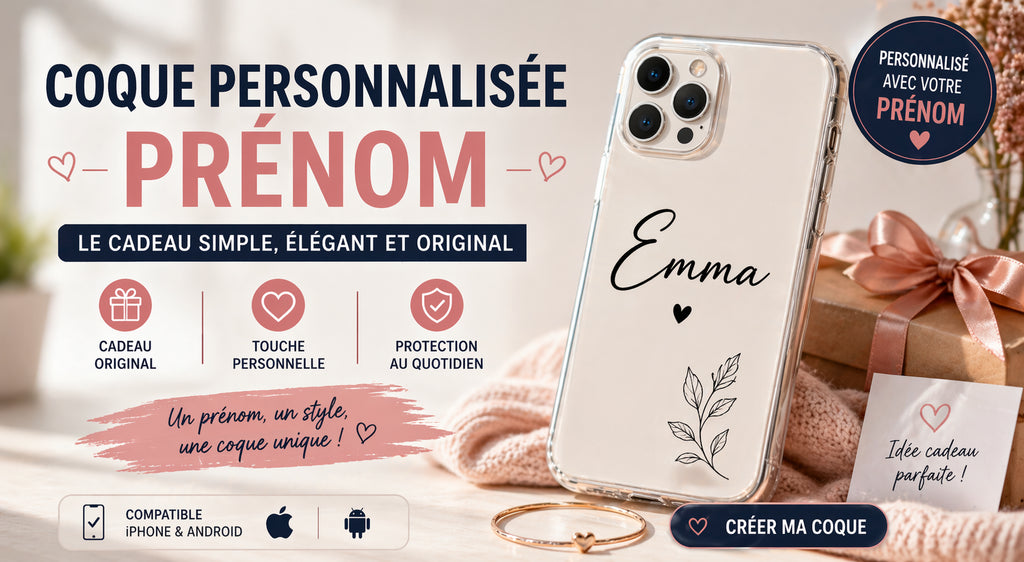 Coque personnalisée avec prénom Emma sur iPhone, design élégant et idée cadeau original