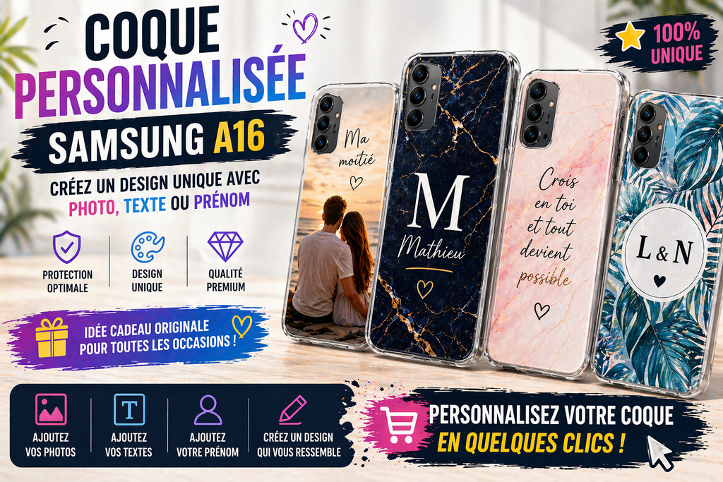 Coques personnalisées Samsung A16 avec photo, prénom et texte, designs modernes et originaux