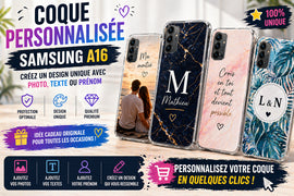 Coques personnalisées Samsung A16 avec photo, prénom et texte, designs modernes et originaux