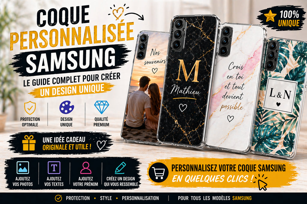 Coques personnalisées Samsung avec photo, prénom et texte, designs modernes pour smartphone Galaxy