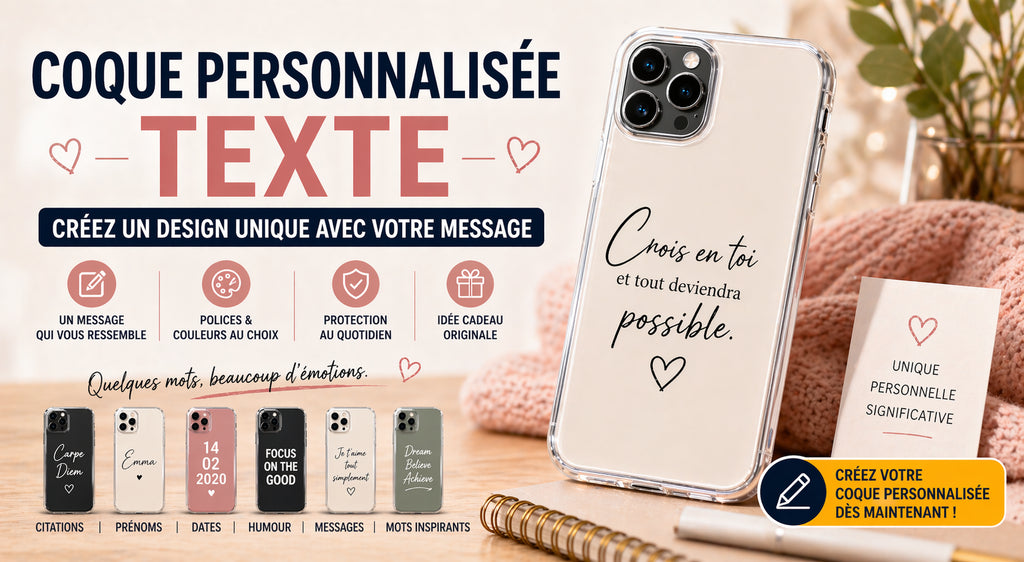 Coque personnalisée avec texte inspirant sur iPhone, design minimaliste avec message motivant