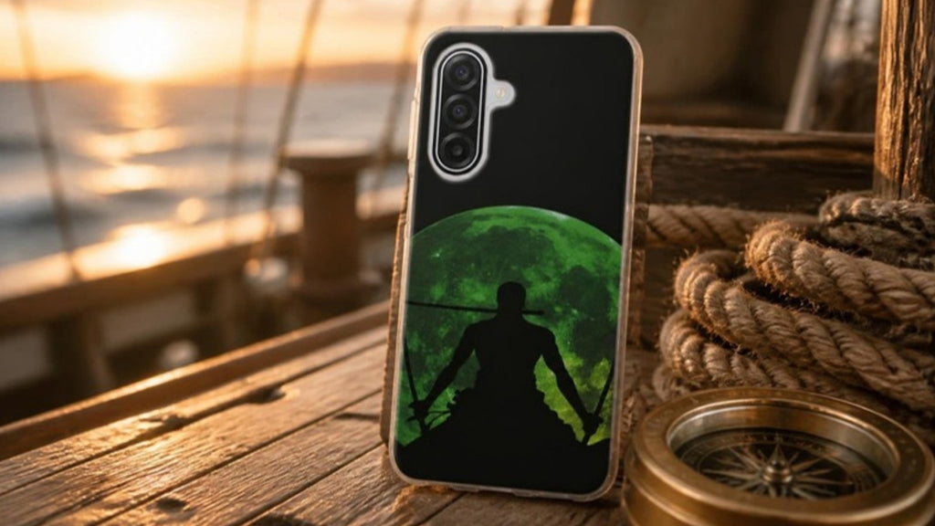 Coque Samsung A17 5G One Piece Zoro posée sur le pont en bois d'un voilier au coucher du soleil