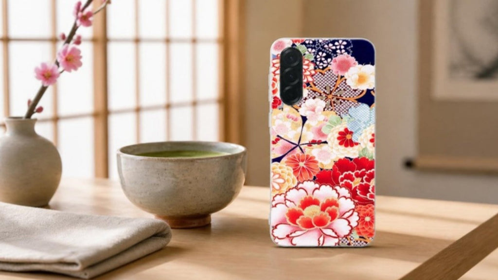 Coque Samsung Galaxy A27 5G fleurs japonais antiques posée sur une table à thé en bois près d'un bol de matcha