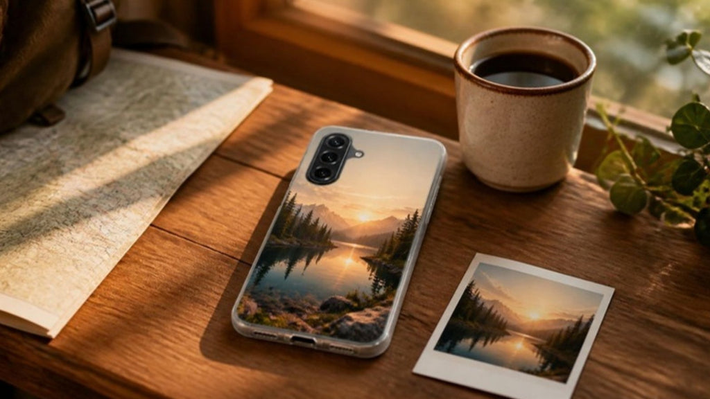 Coque Samsung Galaxy A37 5G personnalisée avec une photo de lac de montagne, à côté d'un tirage instantané de la même photo