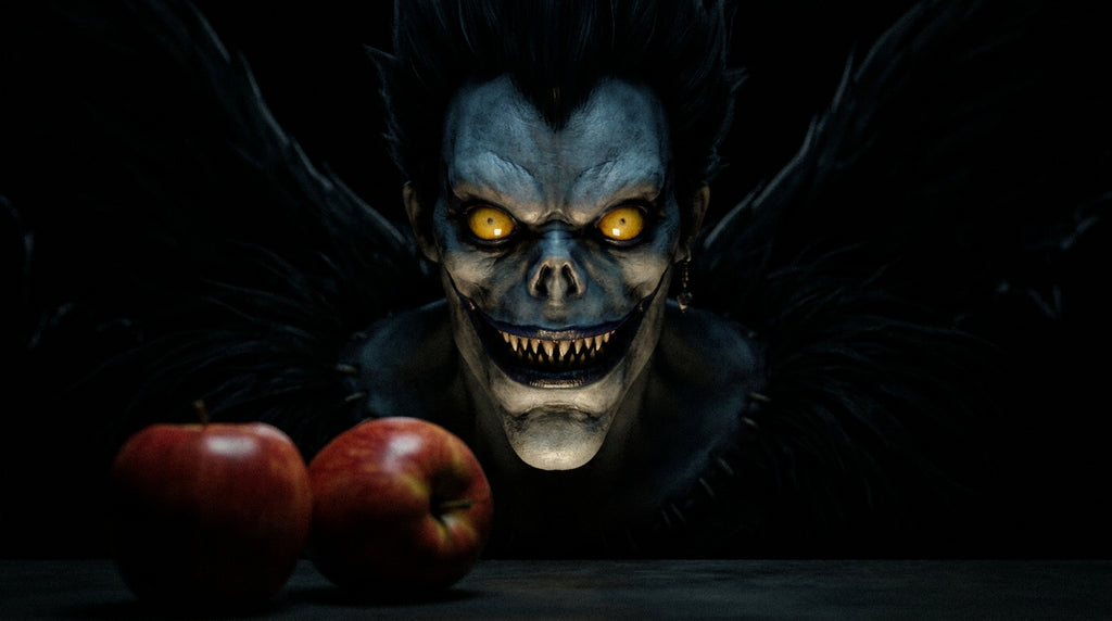 Ryuk shinigami Death Note portrait fond noir yeux jaunes ailes noires