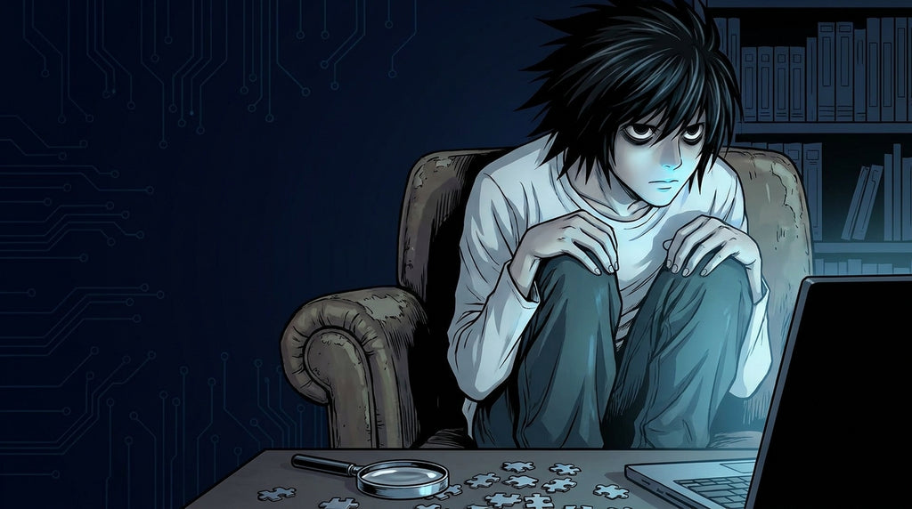 L Lawliet Death Note détective assis sucre fond bleu manga anime