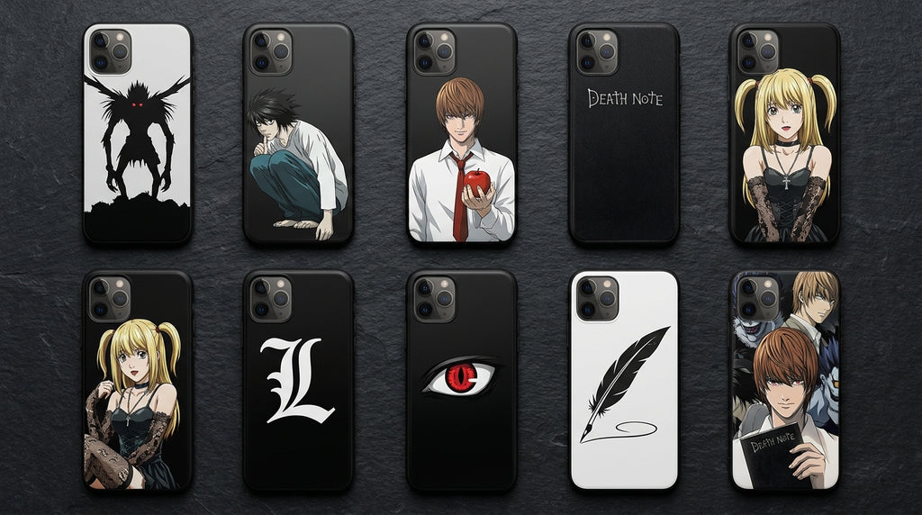 Top 10 designs coques Death Note manga anime Ryuk L carnet flat lay
