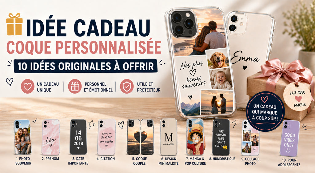 Idées de coques personnalisées à offrir avec photo, prénom, date et design original pour cadeau unique