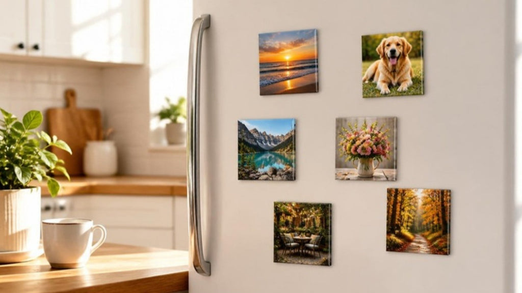 Magnets photo personnalisés carrés sur la porte d'un frigo dans une cuisine lumineuse