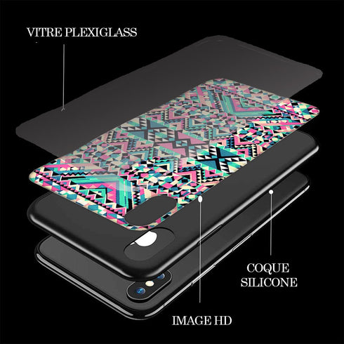 Coque vitre arriere Plexiglass motif Azteque Turquoise pour iPhone XR, X, XS, 11