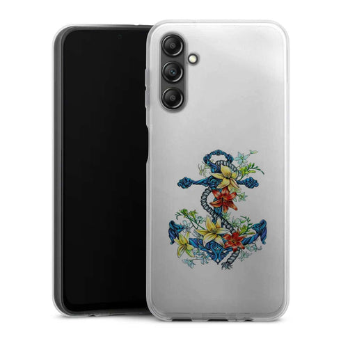Coque Samsung Galaxy A14 5G ancre bleu avec illustration de lis du jour