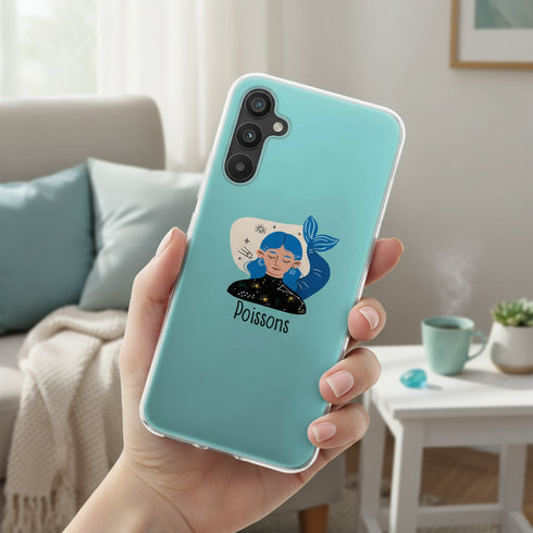 Signe Astrologique du Poisson personnalisé sur une coque de silicone antichocs samsung galaxy a34 5G, couleur bleu pastel