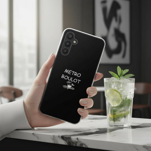 Coque design texte pour Tel portable Samsung A34 5G Metro Boulot Mojito, en noir et blanc personnalisé en France.