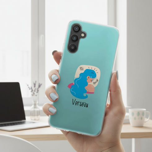 coque téléphone antichoc fine et légère avec livraison rapide, pour Samsung a34 5G motif signe astrologique du Verseau, ce couleur bleu pastel