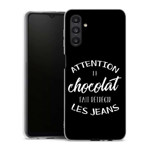 Coque Samsung A04S Attention le Chocolat fait retrecir les jeans