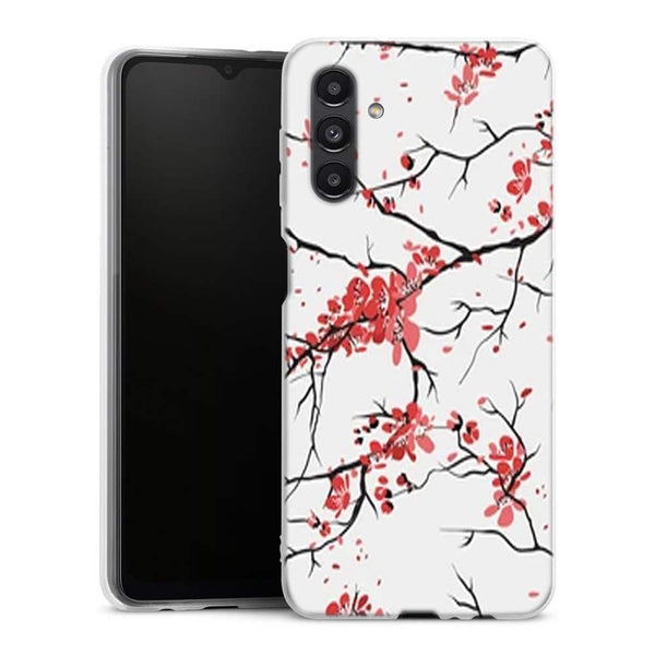 Coque Samsung Galaxy A04S fleurs de cerisier orientales blanches et rouges