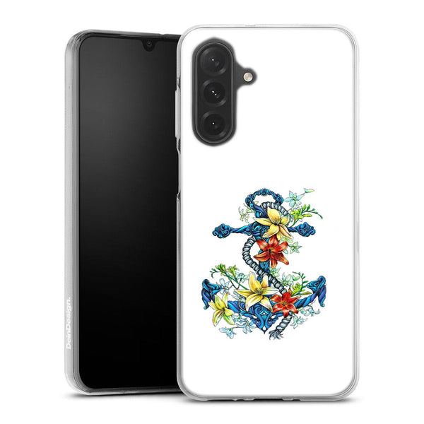 Coque Samsung Galaxy A26 5G ancre bleu avec illustration de lis du jour | Housse silicone, antichocs, protection optimale - Motif floral