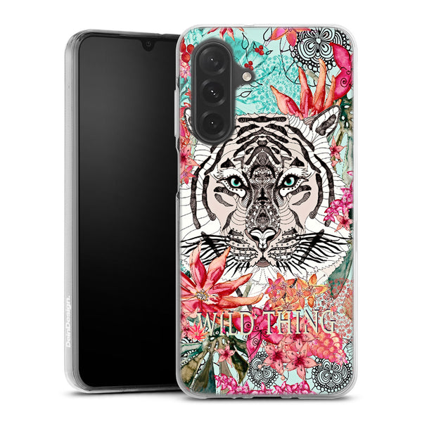 Coque renforcée pour téléphones Samsung Serie A wild thing, tigre avec fleurs aesthetic