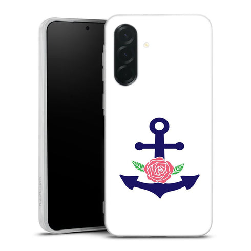 Coque Samsung Galaxy A27 5G ancre florale bleu marine et rose | Housse silicone, antichocs, protection optimale - Motif floral