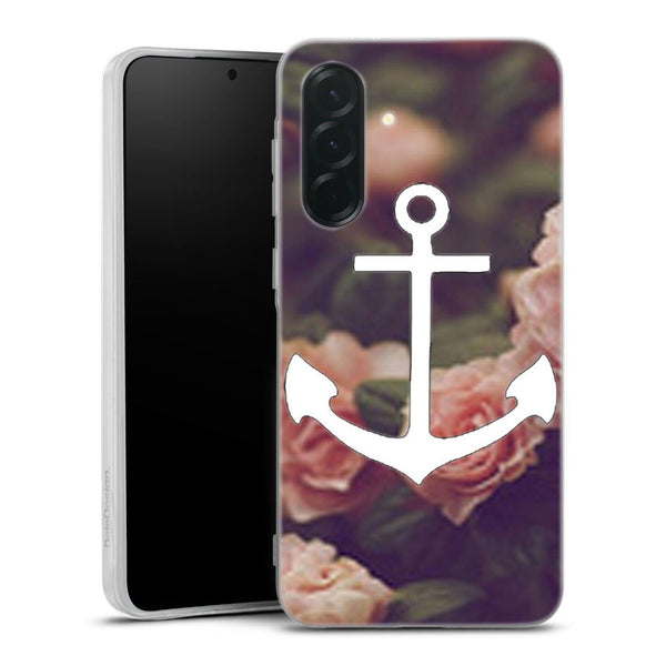 Coque Samsung Galaxy A27 5G ancre florale fond de roses | Housse silicone, antichocs, protection optimale - Motif floral