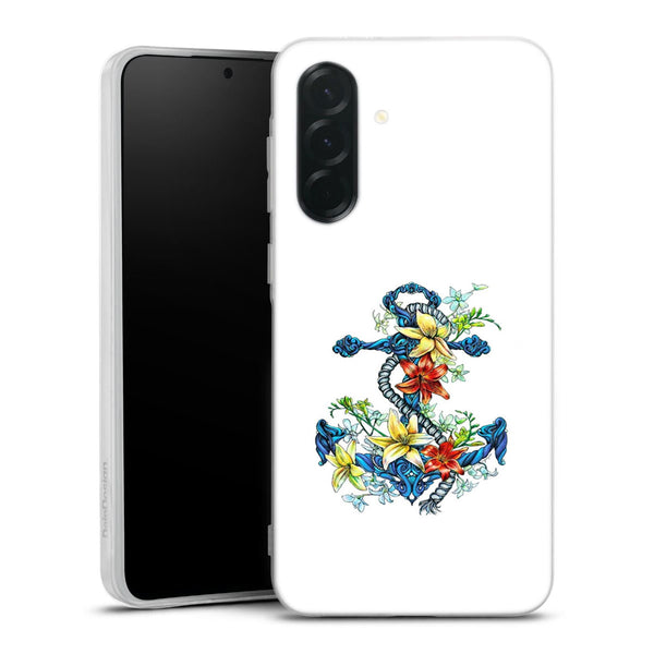 Coque Samsung Galaxy A27 5G ancre bleu avec illustration de lis du jour | Housse silicone, antichocs, protection optimale - Motif floral