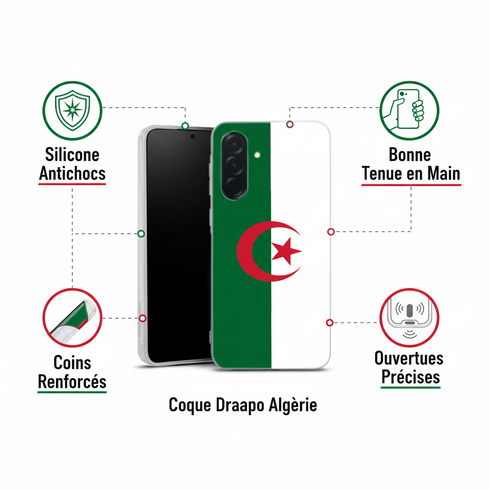 idée cadeau ado original pour anniversaire, protection en silicone renforcé pour Samsung Galaxy a36 aux couleurs du drapeau Algérien