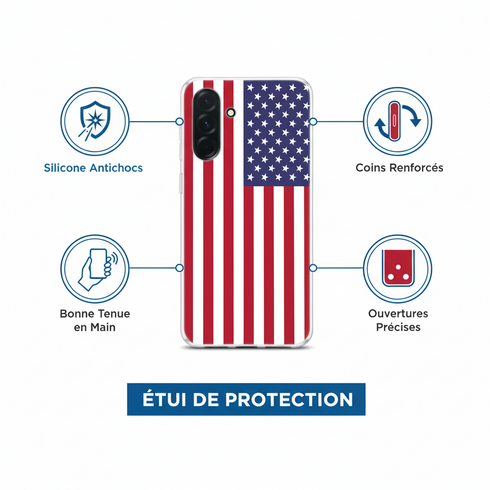 idée cadeau homme original et pas cher à moins de 20€, la protection silicone renforcée pour Samsung a36 drapeau Américain