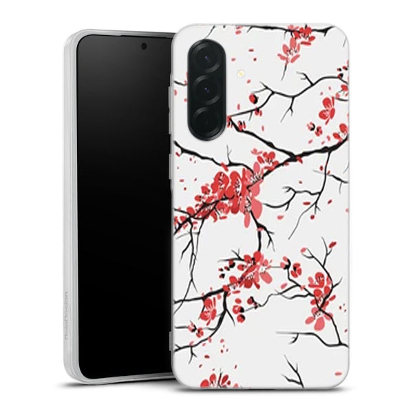 Coque Samsung Galaxy A27 5G fleurs de cerisier orientales blanches et rouges | Housse silicone, antichocs, protection optimale - Motif floral Rouge