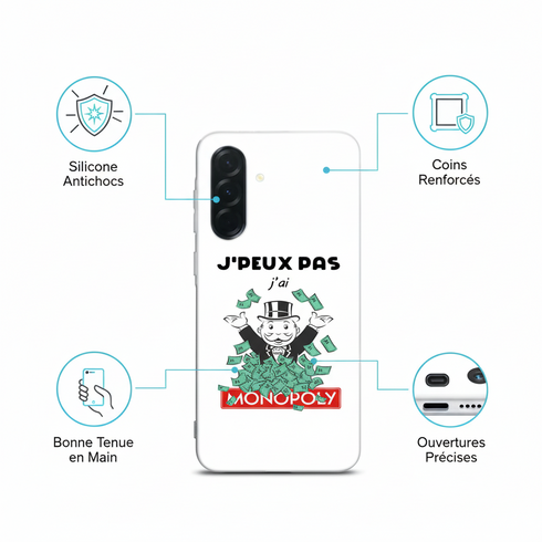 idée cadeau homme dernière minute avec le motif Je peux pas j'ai Monopoly, coque de téléphone pour Samsung a36