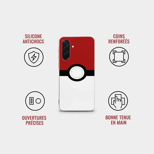 une idée cadeau ado tendance 2026 original et pas cher avec la Coque souple Samsung a36 5G Pokeball, collection pour Adolescent Gamer rétro