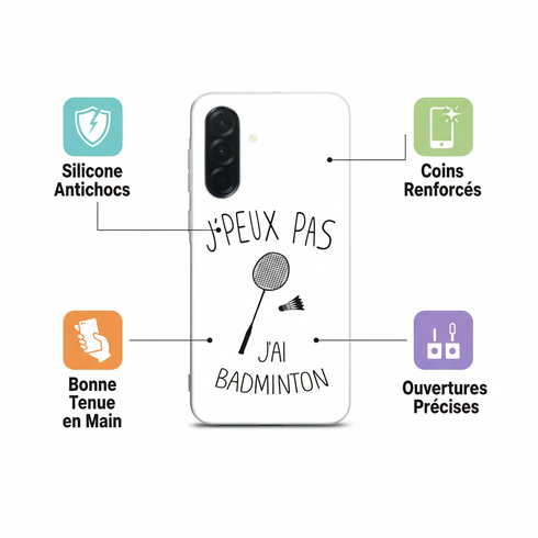 Coque pour anniversaire homme, femme, Samsung Galaxy A36 5G Je peux pas j'ai Badminton, collection sport de salle