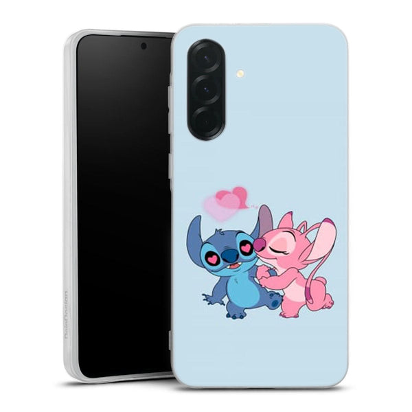 coque samsung A36 5G Stitch angel love heart pink, motif personnalisé en HD pour les filles ados, Stitch bleu et rose amoureux, cadeau ideal pour un anniversaire ou St Valentin